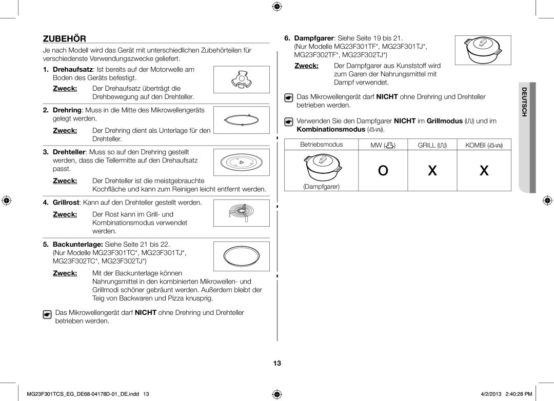 Samsung MG23F301TAS/EG, MG23F301TCK/EG manual Zubehör, Zweck, Kombinationsmodus, Betriebsmodus, Dampfgarer 