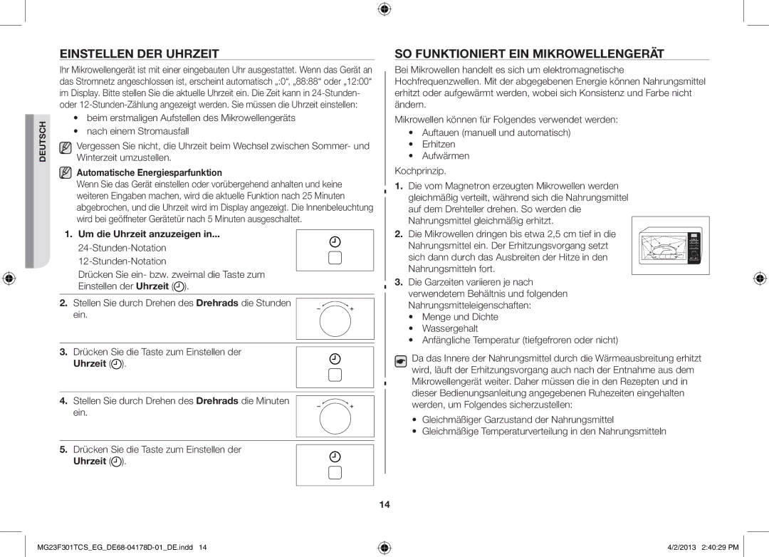 Samsung MG23F301TCK/EG Einstellen der Uhrzeit, So funktioniert ein Mikrowellengerät, Automatische Energiesparfunktion 