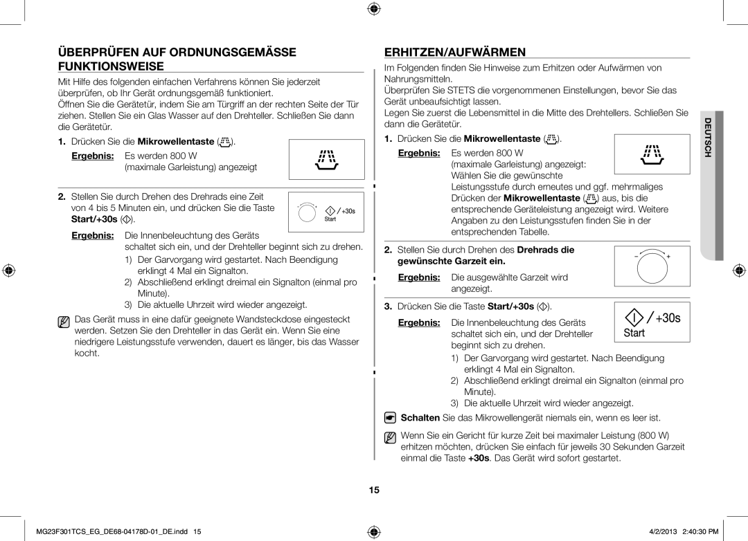 Samsung MG23F301TAS/EG, MG23F301TCK/EG manual Überprüfen auf ordnungsgemäSSe Funktionsweise, Erhitzen/Aufwärmen 