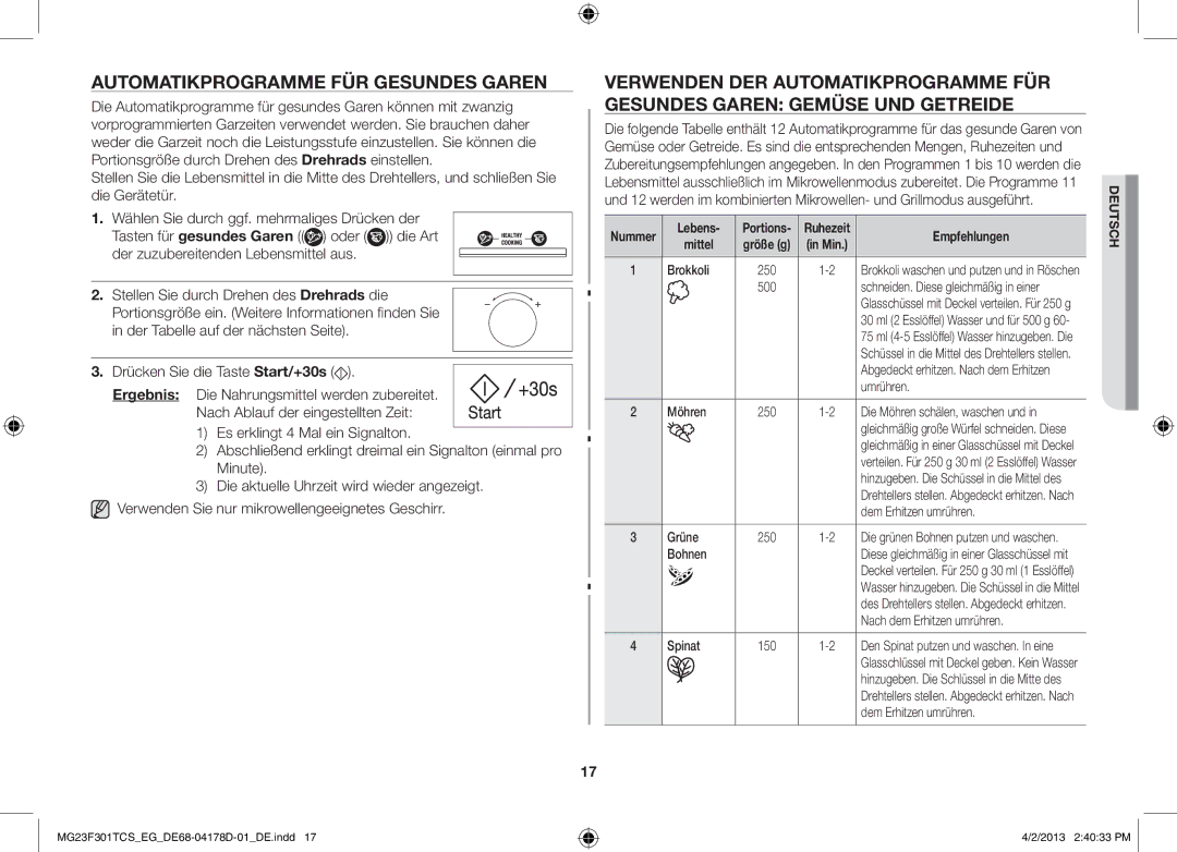 Samsung MG23F301TAS/EG, MG23F301TCK/EG manual Automatikprogramme für gesundes Garen, Lebens, Empfehlungen, Mittel 