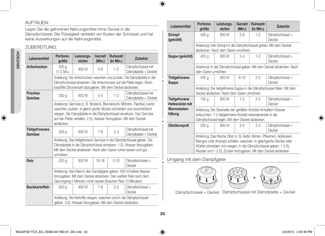 Samsung MG23F301TCK/EG, MG23F301TAS/EG manual Auftauen, Zubereitung 