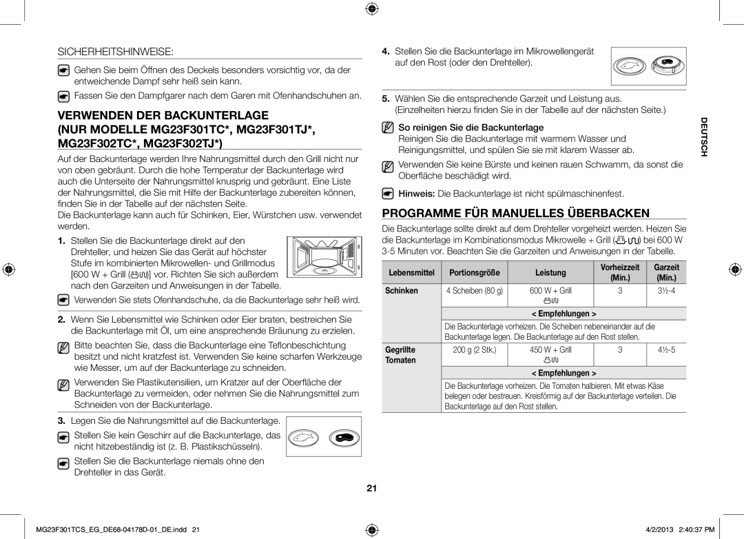 Samsung MG23F301TAS/EG manual Programme für manuelles Überbacken, Sicherheitshinweise, So reinigen Sie die Backunterlage 