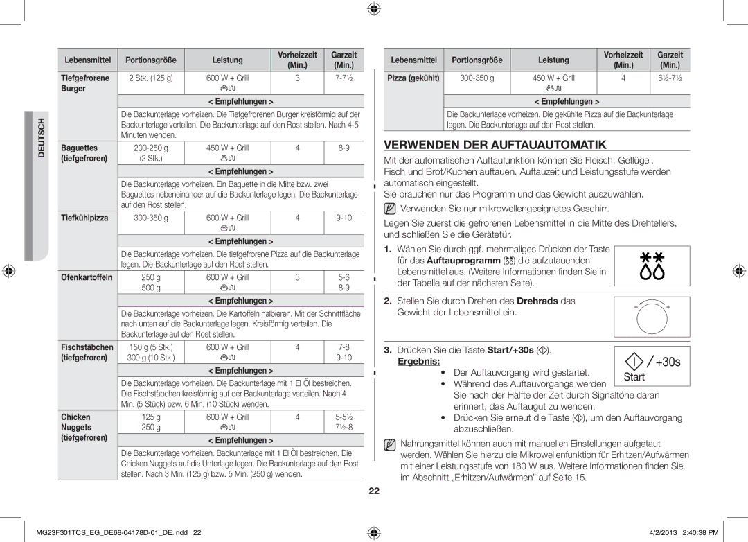 Samsung MG23F301TCK/EG, MG23F301TAS/EG manual Verwenden der Auftauautomatik 