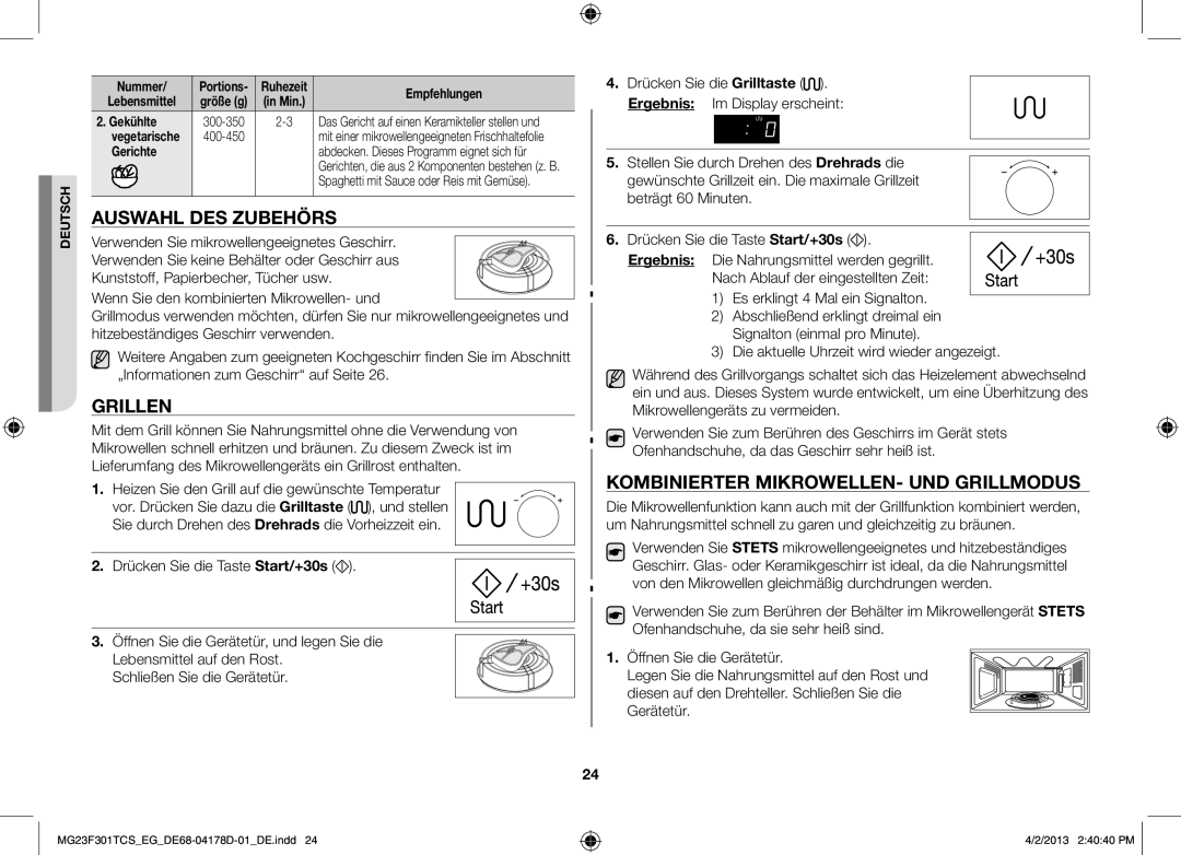 Samsung MG23F301TCK/EG manual Auswahl des Zubehörs, Grillen, Kombinierter Mikrowellen- und Grillmodus, Nummer, Gerichte 