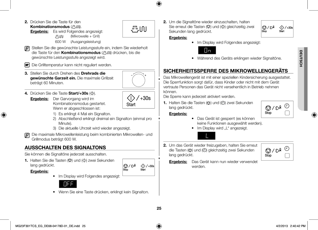 Samsung MG23F301TAS/EG Ausschalten des Signaltons, Sicherheitssperre des Mikrowellengeräts, Drücken Sie die Taste für den 