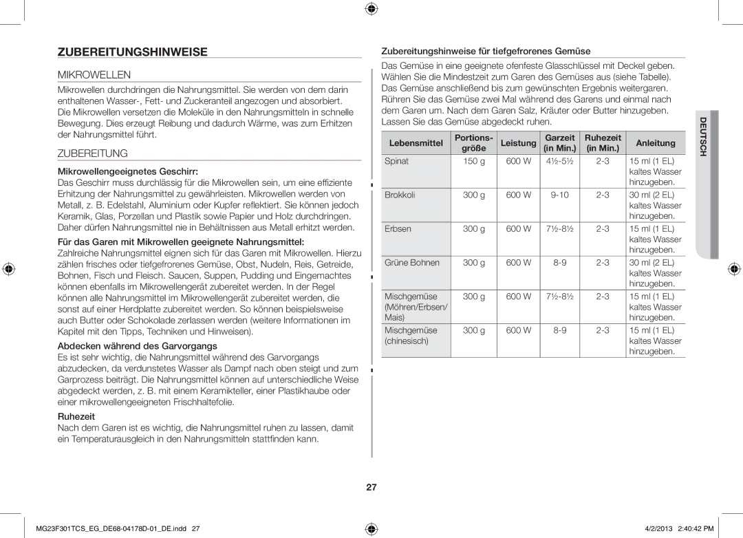 Samsung MG23F301TAS/EG, MG23F301TCK/EG manual Zubereitungshinweise, Mikrowellen 