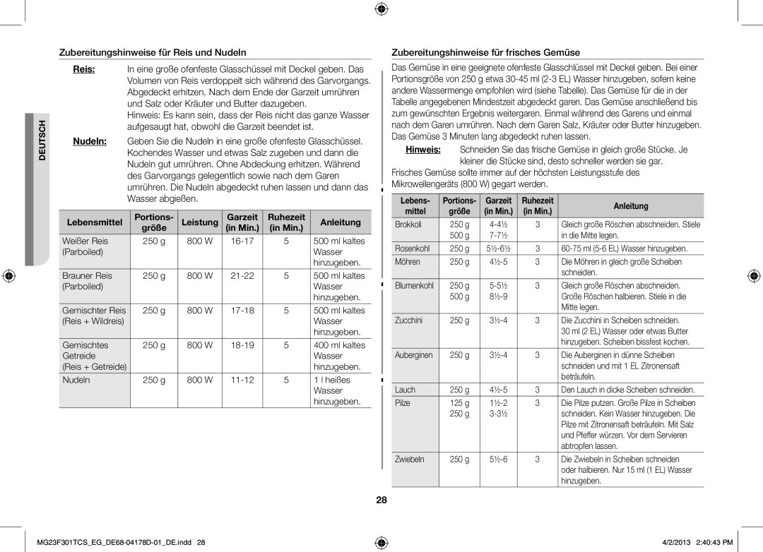 Samsung MG23F301TCK/EG, MG23F301TAS/EG Zubereitungshinweise für Reis und Nudeln, Zubereitungshinweise für frisches Gemüse 
