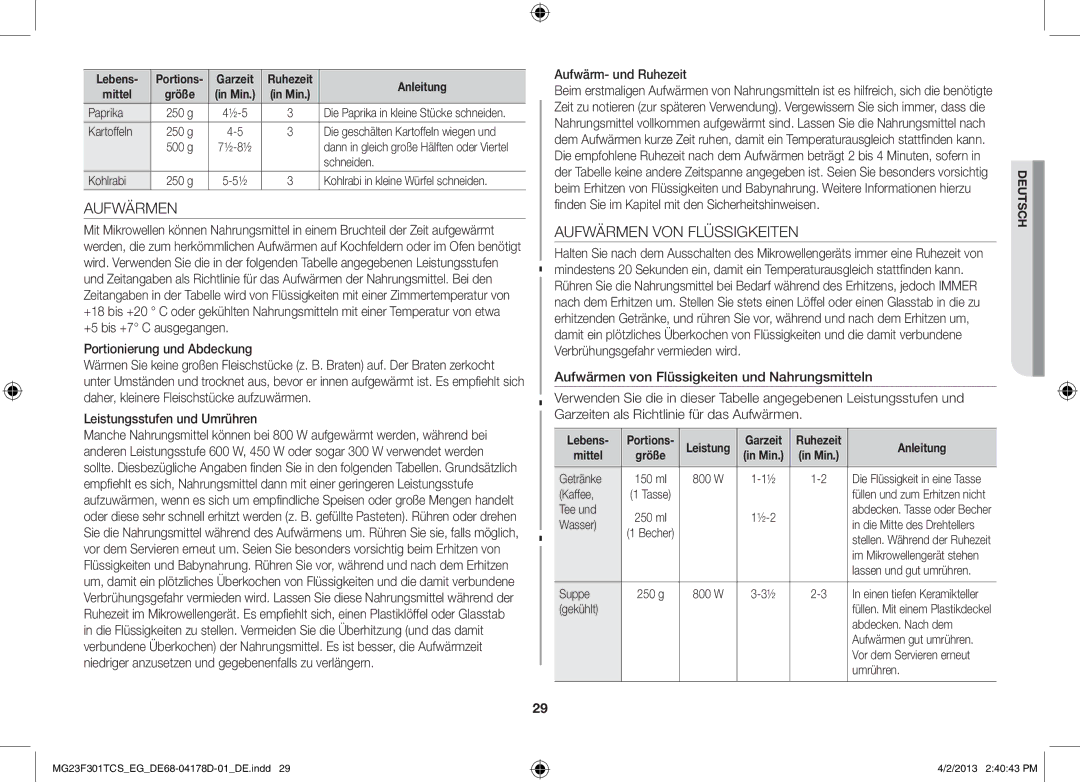 Samsung MG23F301TAS/EG manual Aufwärmen VON Flüssigkeiten, Portionierung und Abdeckung, Leistungsstufen und Umrühren 