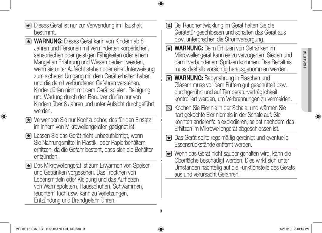 Samsung MG23F301TAS/EG, MG23F301TCK/EG manual Dieses Gerät ist nur zur Verwendung im Haushalt bestimmt 