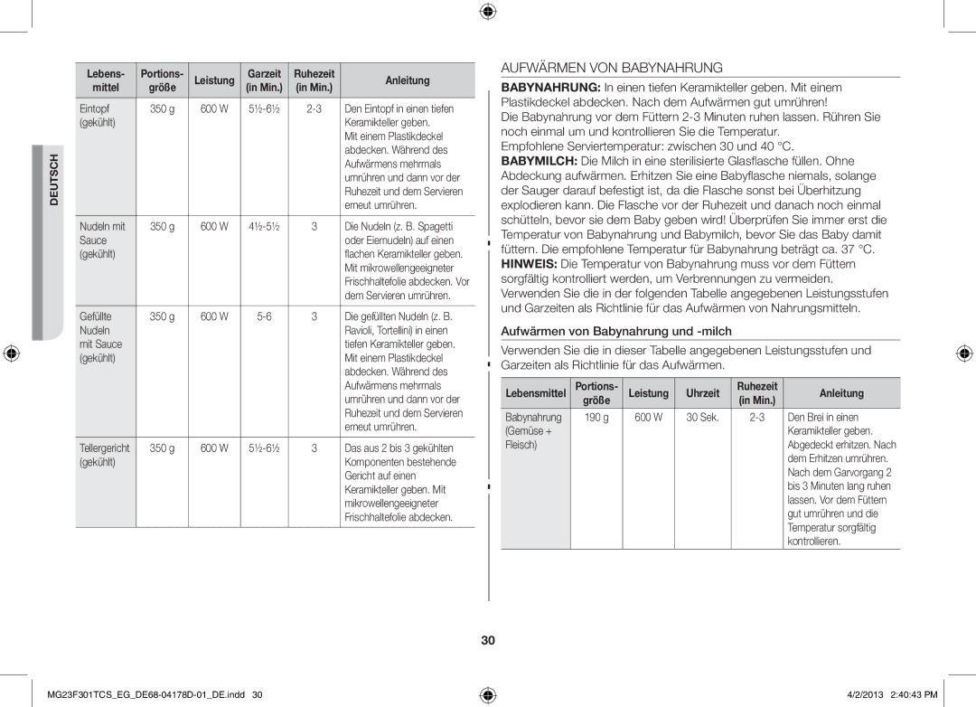 Samsung MG23F301TCK/EG, MG23F301TAS/EG manual Aufwärmen VON Babynahrung, Uhrzeit 