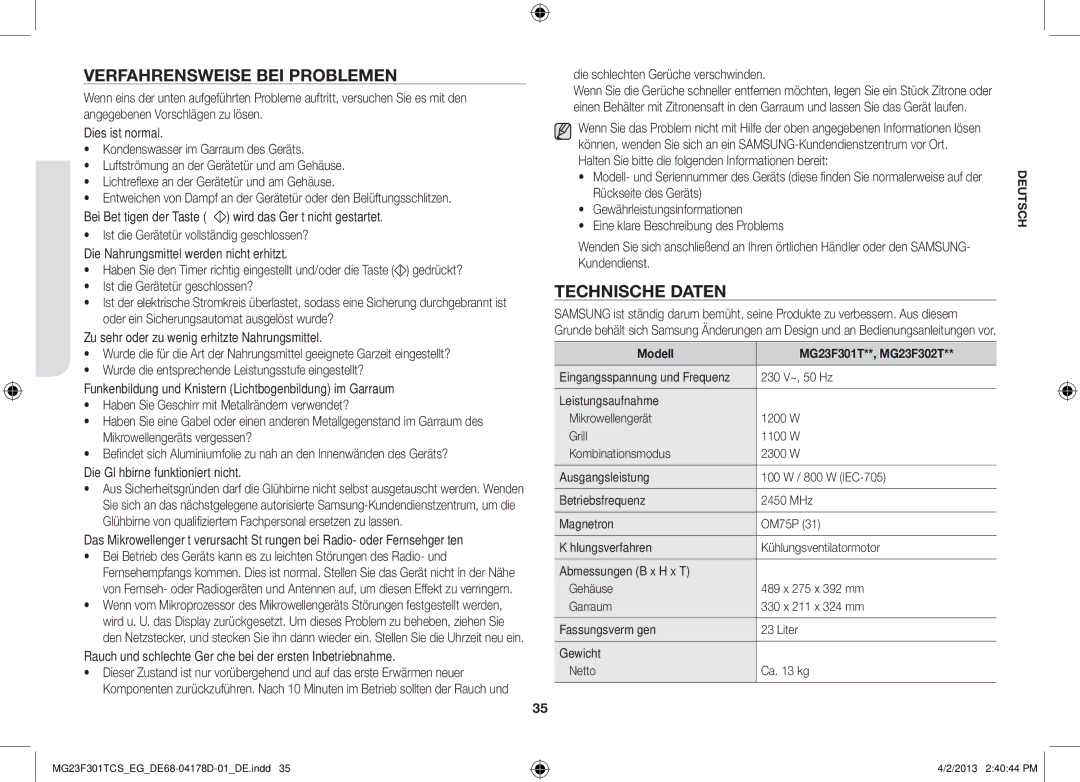 Samsung MG23F301TAS/EG manual Verfahrensweise bei Problemen, Technische Daten, Die schlechten Gerüche verschwinden 