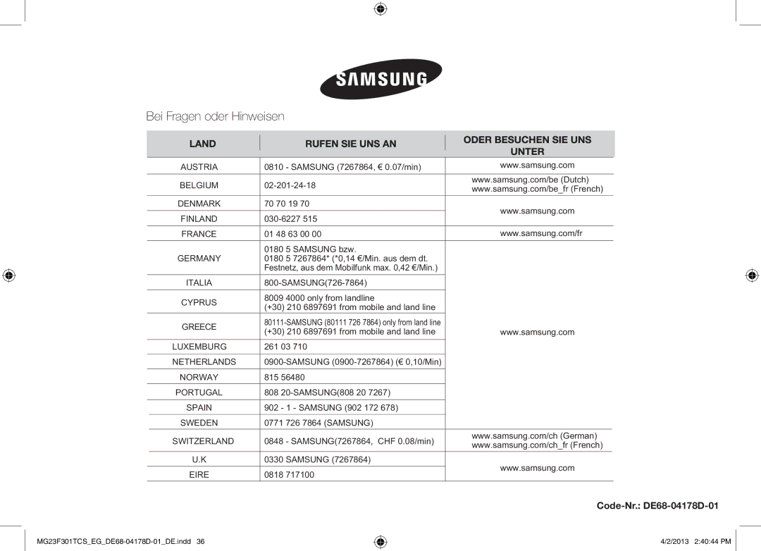 Samsung MG23F301TCK/EG, MG23F301TAS/EG manual Code-Nr. DE68-04178D-01 