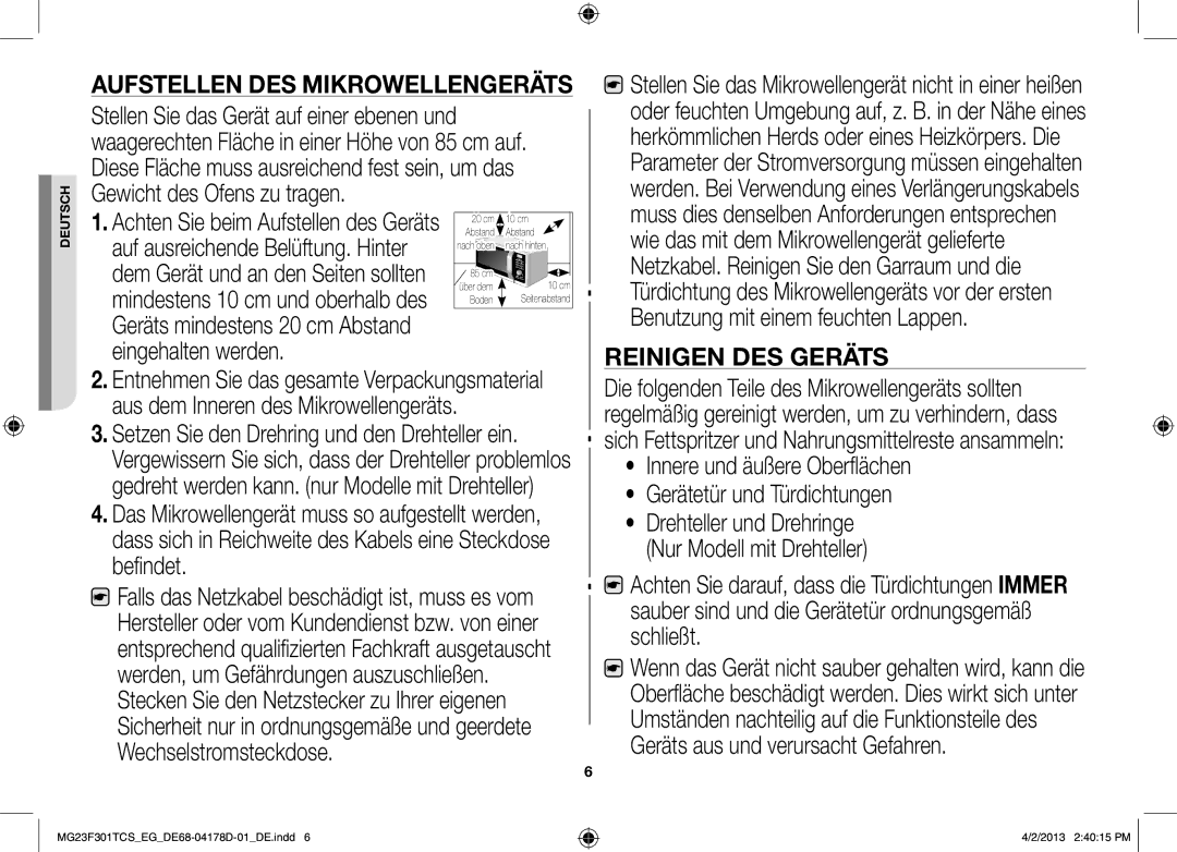 Samsung MG23F301TCK/EG, MG23F301TAS/EG manual Aufstellen des Mikrowellengeräts 