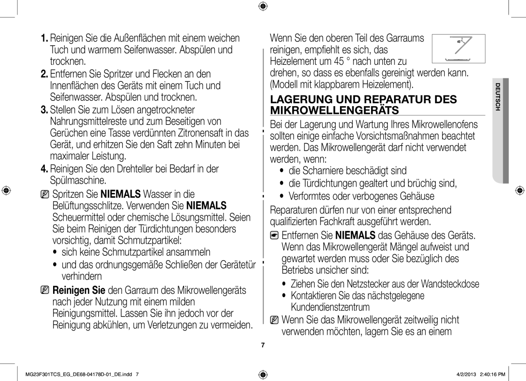 Samsung MG23F301TAS/EG, MG23F301TCK/EG manual Lagerung und Reparatur des 