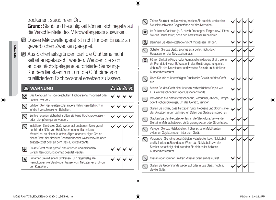 Samsung MG23F301TCK/EG, MG23F301TAS/EG Trockenen, staubfreien Ort, Berühren Sie den Netzstecker nicht mit nassen Händen 