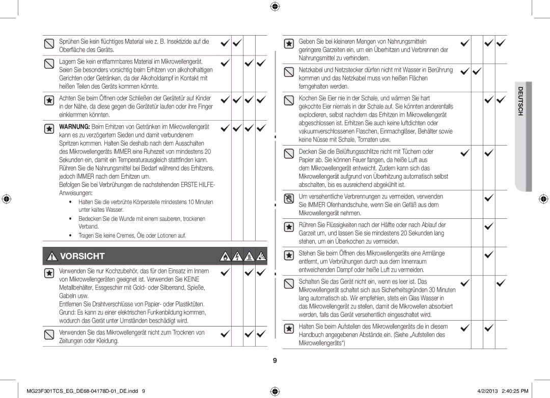 Samsung MG23F301TAS/EG, MG23F301TCK/EG manual Vorsicht 