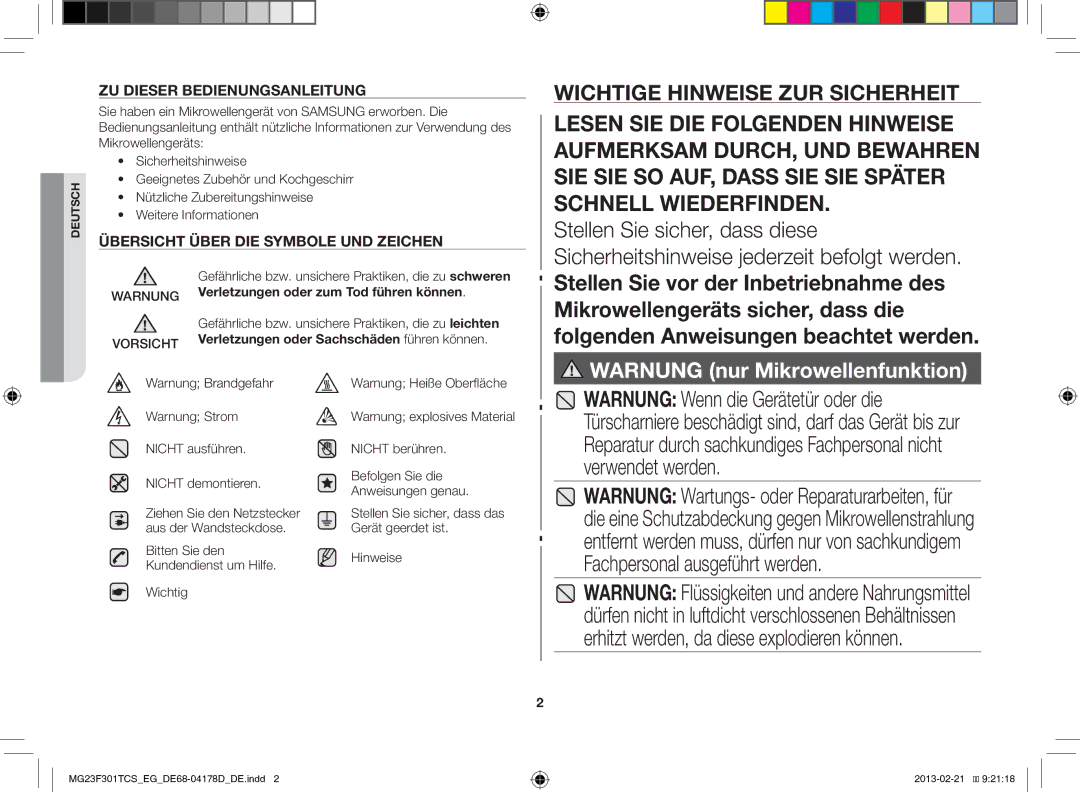 Samsung MG23F301TCS/EG Gefährliche bzw. unsichere Praktiken, die zu leichten, Verletzungen oder Sachschäden führen können 