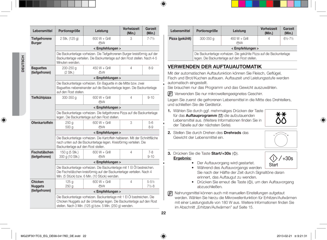 Samsung MG23F301TCS/EG manual Verwenden DER Auftauautomatik 