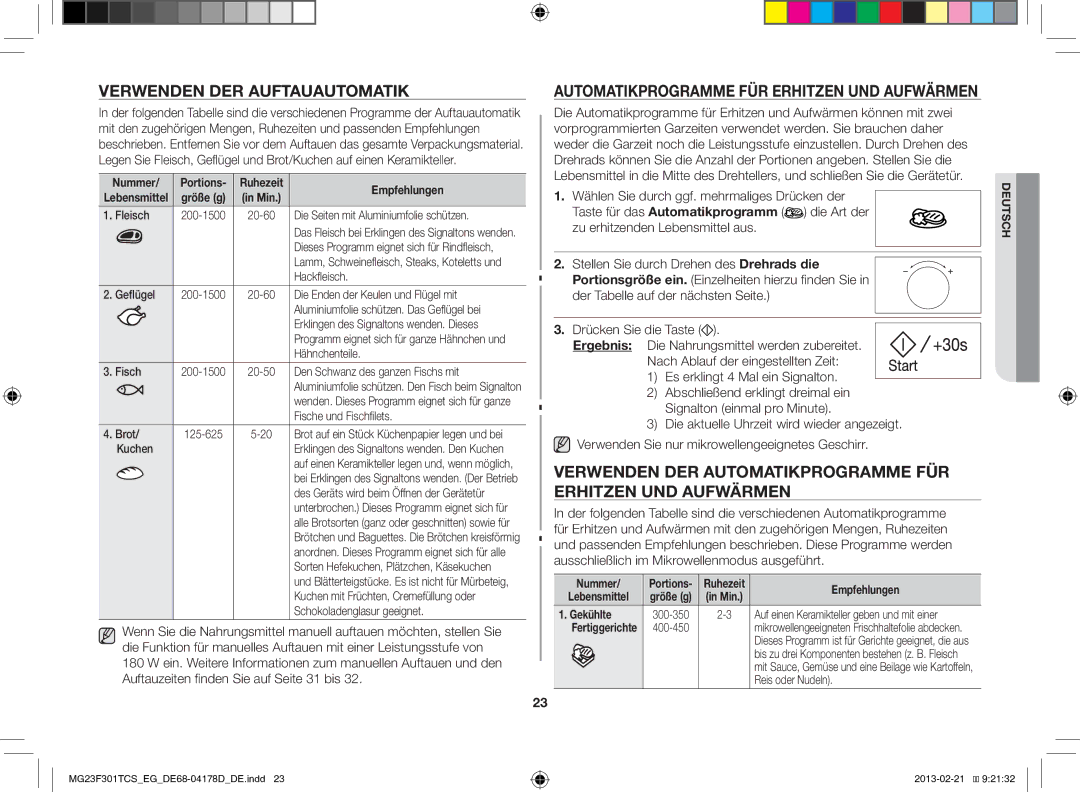 Samsung MG23F301TCS/EG manual Verwenden DER Automatikprogramme FÜR Erhitzen UND Aufwärmen, Nummer, Größe g, Gekühlte 