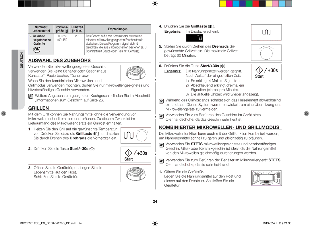 Samsung MG23F301TCS/EG manual Auswahl DES Zubehörs, Grillen, Kombinierter MIKROWELLEN- UND Grillmodus 