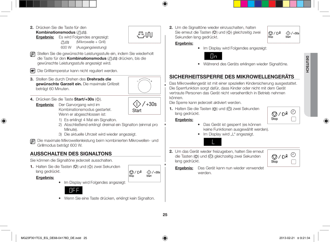 Samsung MG23F301TCS/EG Ausschalten DES Signaltons, Sicherheitssperre DES Mikrowellengeräts, Drücken Sie die Taste für den 