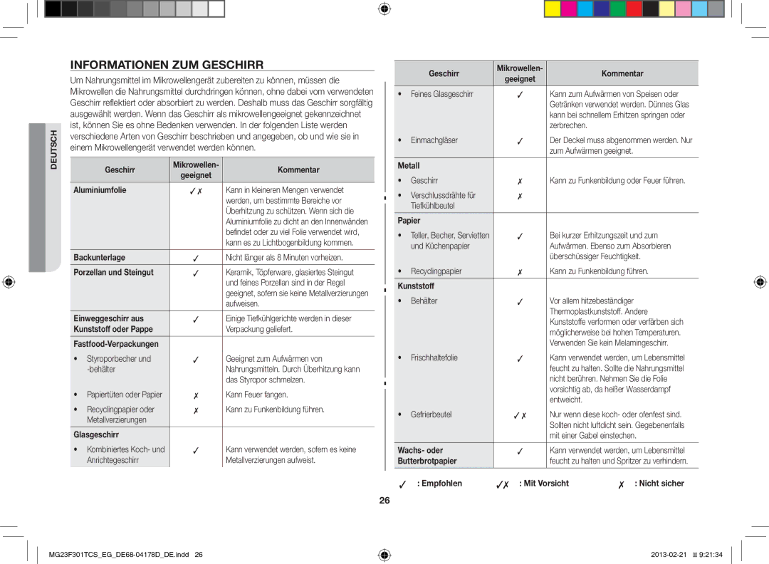 Samsung MG23F301TCS/EG manual Informationen ZUM Geschirr 