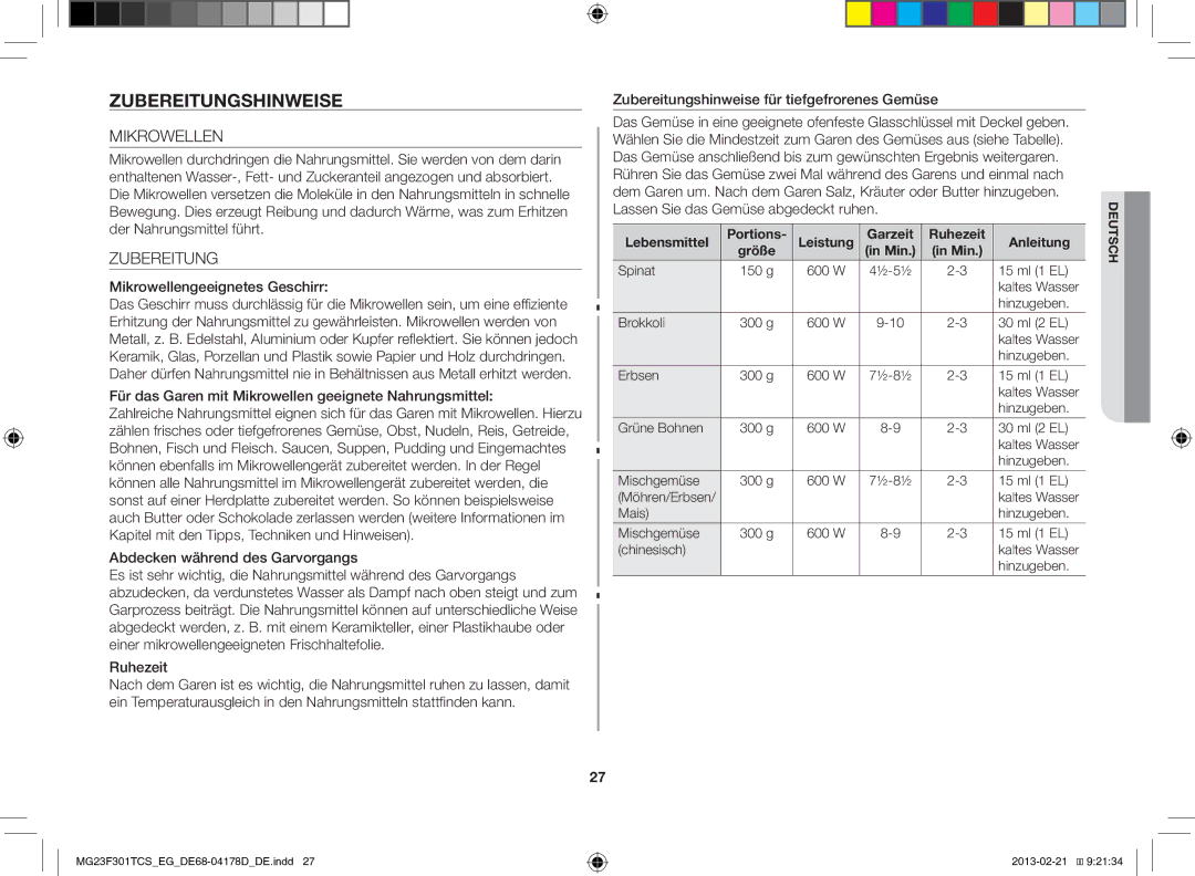 Samsung MG23F301TCS/EG manual Zubereitungshinweise, Mikrowellen 