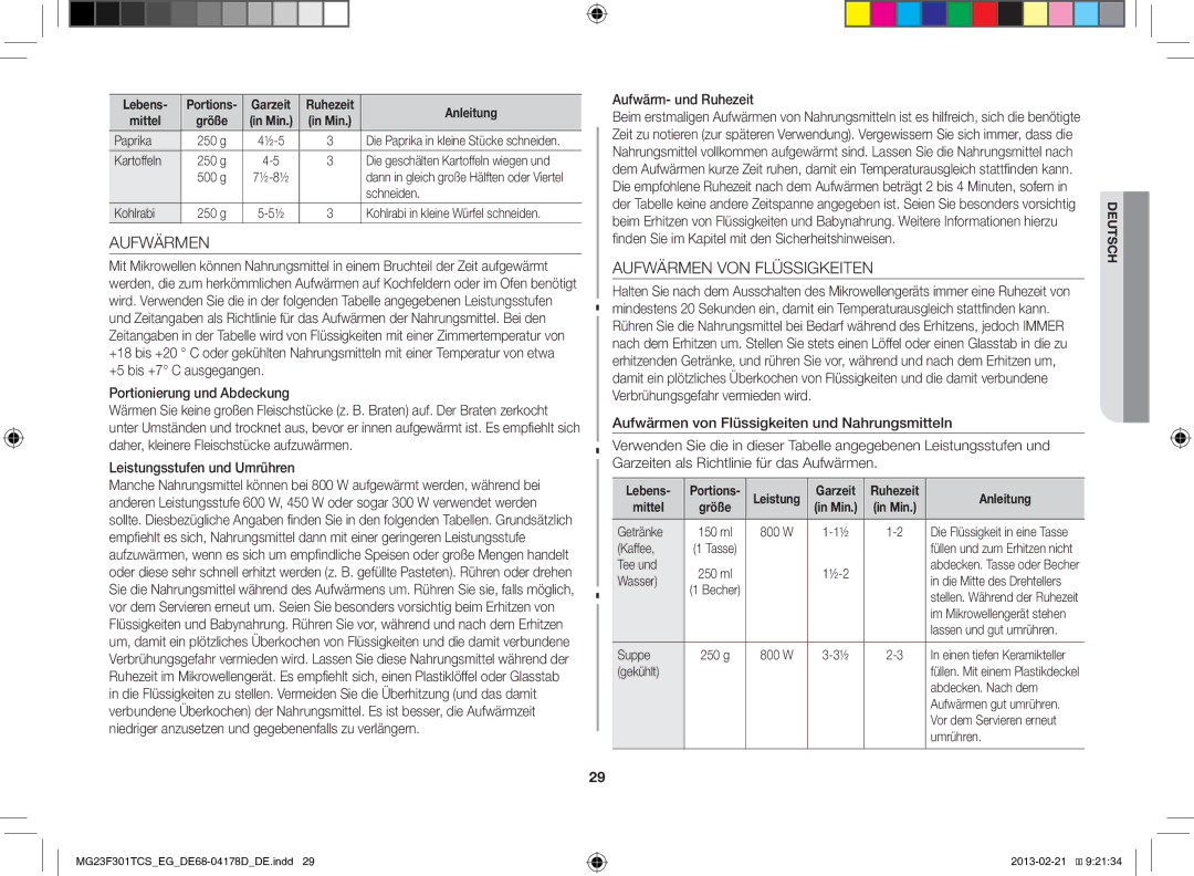 Samsung MG23F301TCS/EG manual Aufwärmen VON Flüssigkeiten, Portionierung und Abdeckung, Leistungsstufen und Umrühren 