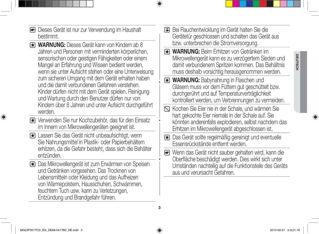 Samsung MG23F301TCS/EG manual Dieses Gerät ist nur zur Verwendung im Haushalt bestimmt 