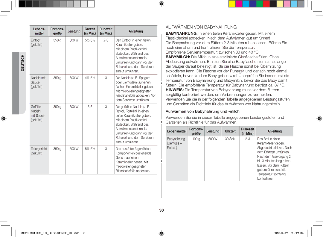 Samsung MG23F301TCS/EG manual Aufwärmen VON Babynahrung, Lebens Portions, Uhrzeit 