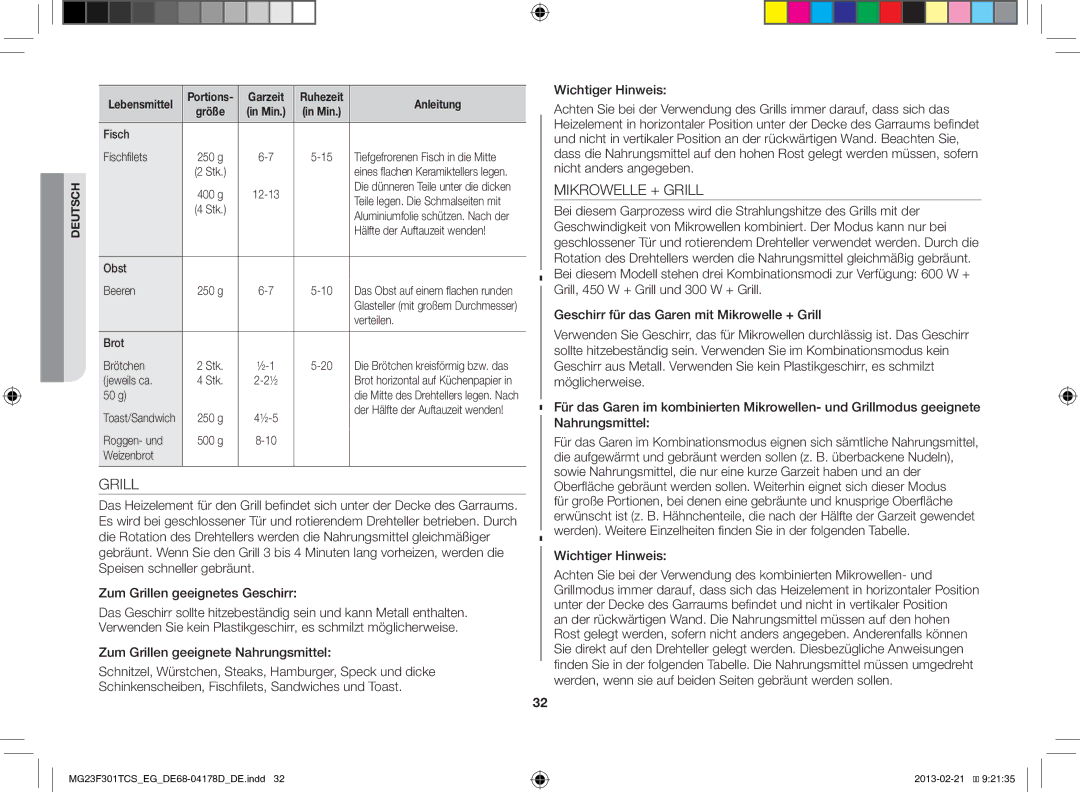 Samsung MG23F301TCS/EG manual Mikrowelle + Grill, Zum Grillen geeignete Nahrungsmittel, Wichtiger Hinweis 