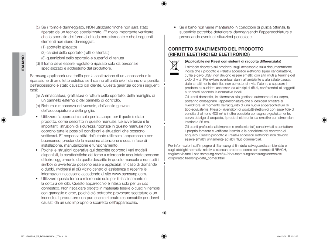 Samsung MG23F301TCK/ET, MG23F301TCS/ET, MG23F301TAS/ET manual Applicabile nei Paesi con sistemi di raccolta differenziata 