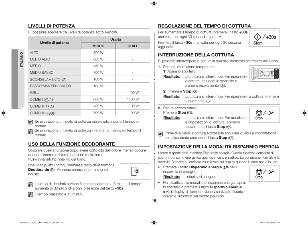 Samsung MG23F301TCS/ET, MG23F301TAS/ET Livelli DI Potenza, USO Della Funzione Deodorante, Regolazione DEL Tempo DI Cottura 