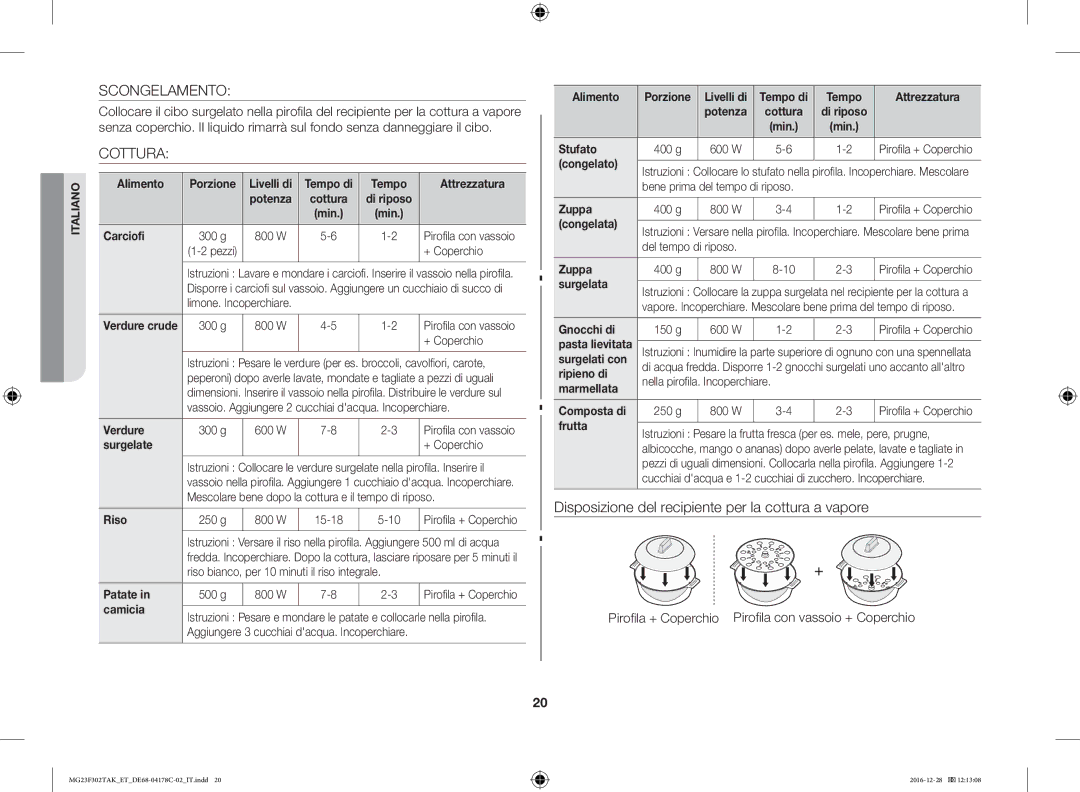 Samsung MG23F301TCS/ET, MG23F301TAS/ET manual Scongelamento, Cottura, Pirofila + Coperchio Pirofila con vassoio + Coperchio 