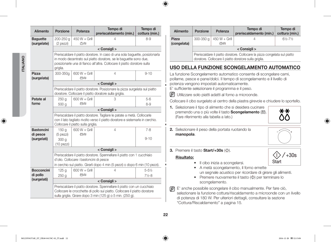 Samsung MG23F301TCK/ET, MG23F301TCS/ET, MG23F301TAS/ET, MG23F302TAK/ET manual USO Della Funzione Scongelamento Automatico 