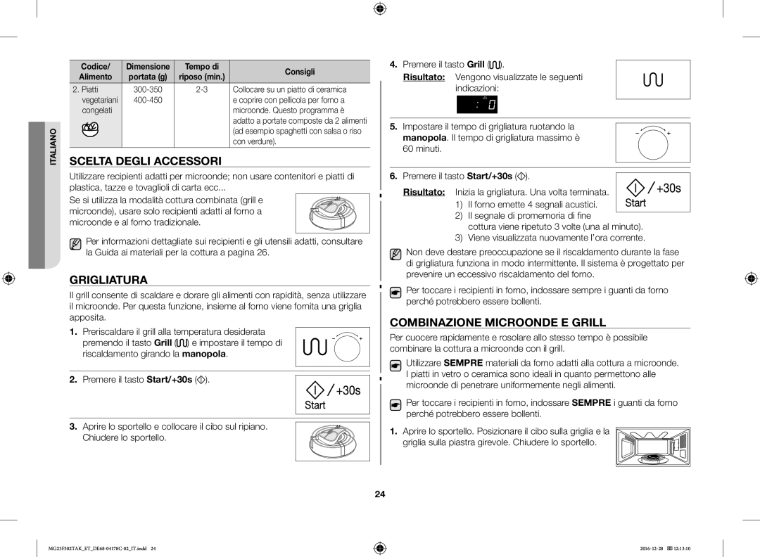 Samsung MG23F301TCS/ET Scelta Degli Accessori, Grigliatura, Combinazione Microonde E Grill, Tempo di Consigli Alimento 