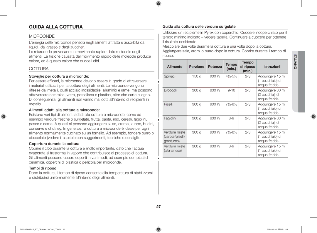 Samsung MG23F302TAK/ET, MG23F301TCS/ET, MG23F301TAS/ET Guida Alla Cottura, Microonde, Tempo Alimento, Potenza, Istruzioni 