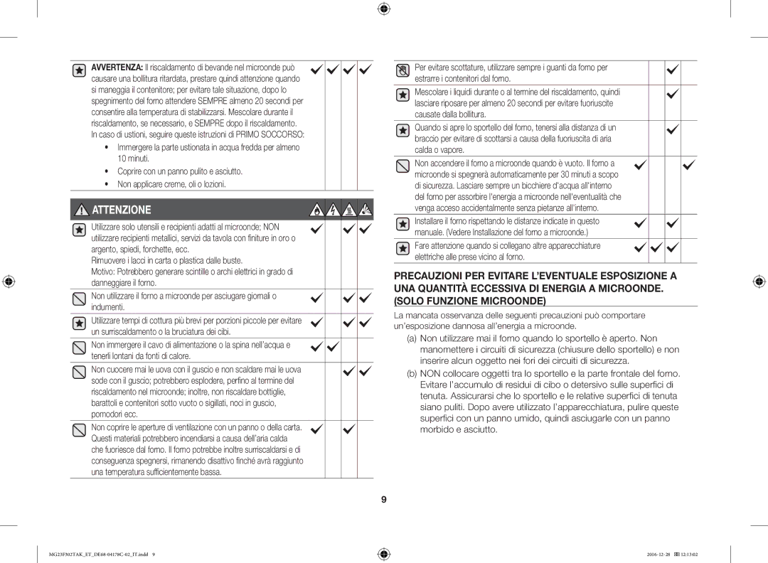 Samsung MG23F301TAS/ET, MG23F301TCS/ET, MG23F301TCK/ET, MG23F302TAK/ET manual Attenzione 