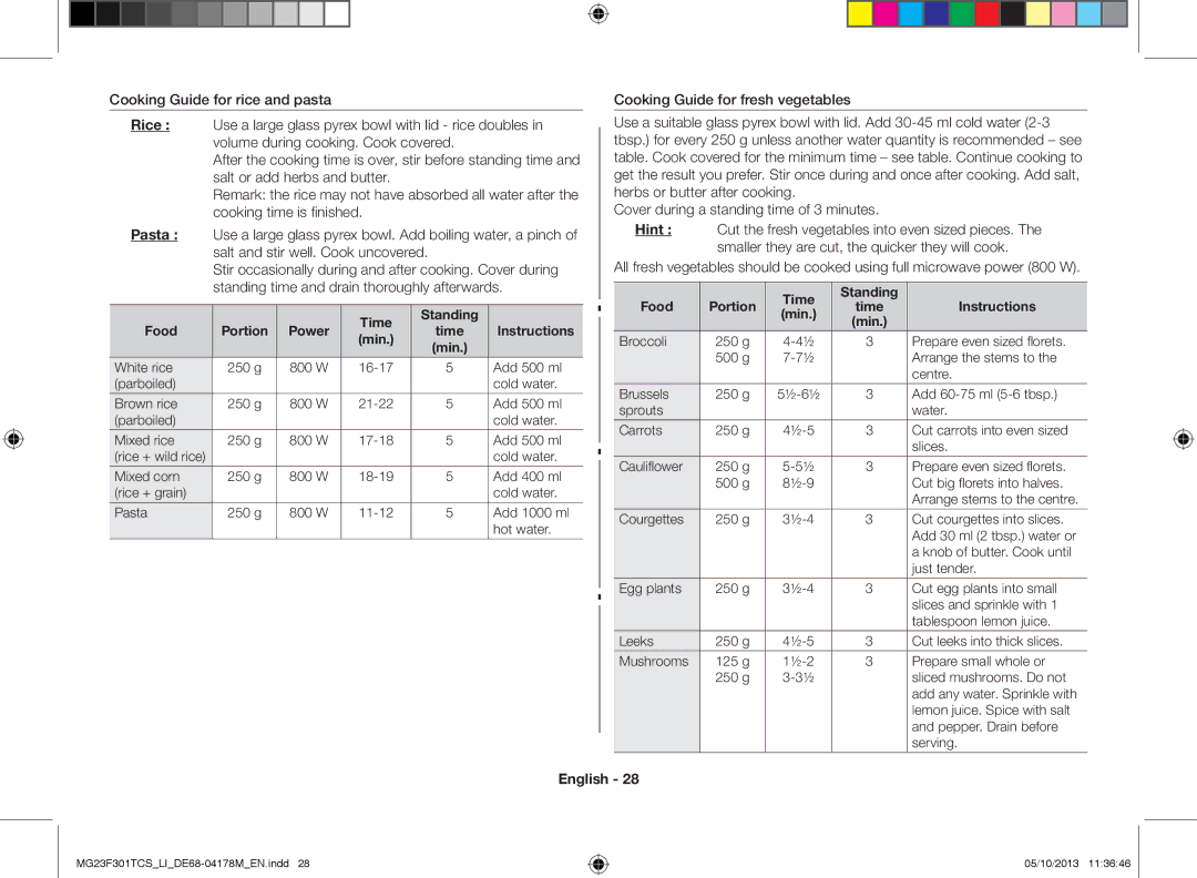 Samsung MG23F301TCS/LI Time Standing Food Portion Power Instructions Min, Food Portion Time Standing Instructions Min 