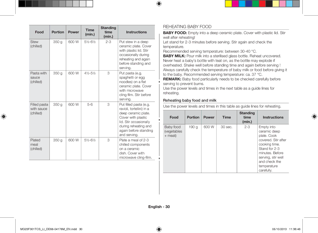 Samsung MG23F301TCS/LI manual Reheating Baby Food, Standing Food, Power Time Instructions 