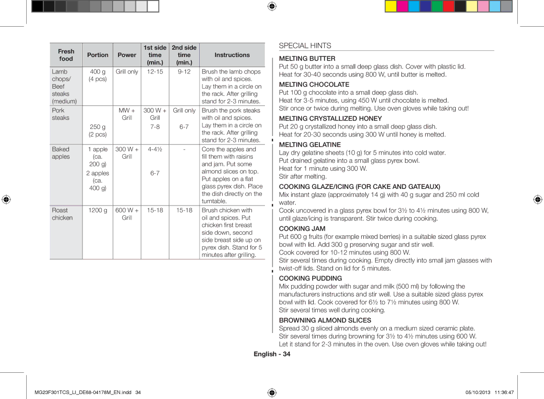 Samsung MG23F301TCS/LI manual Special Hints, Stir several times well during cooking, Fresh 1st side 2nd side 