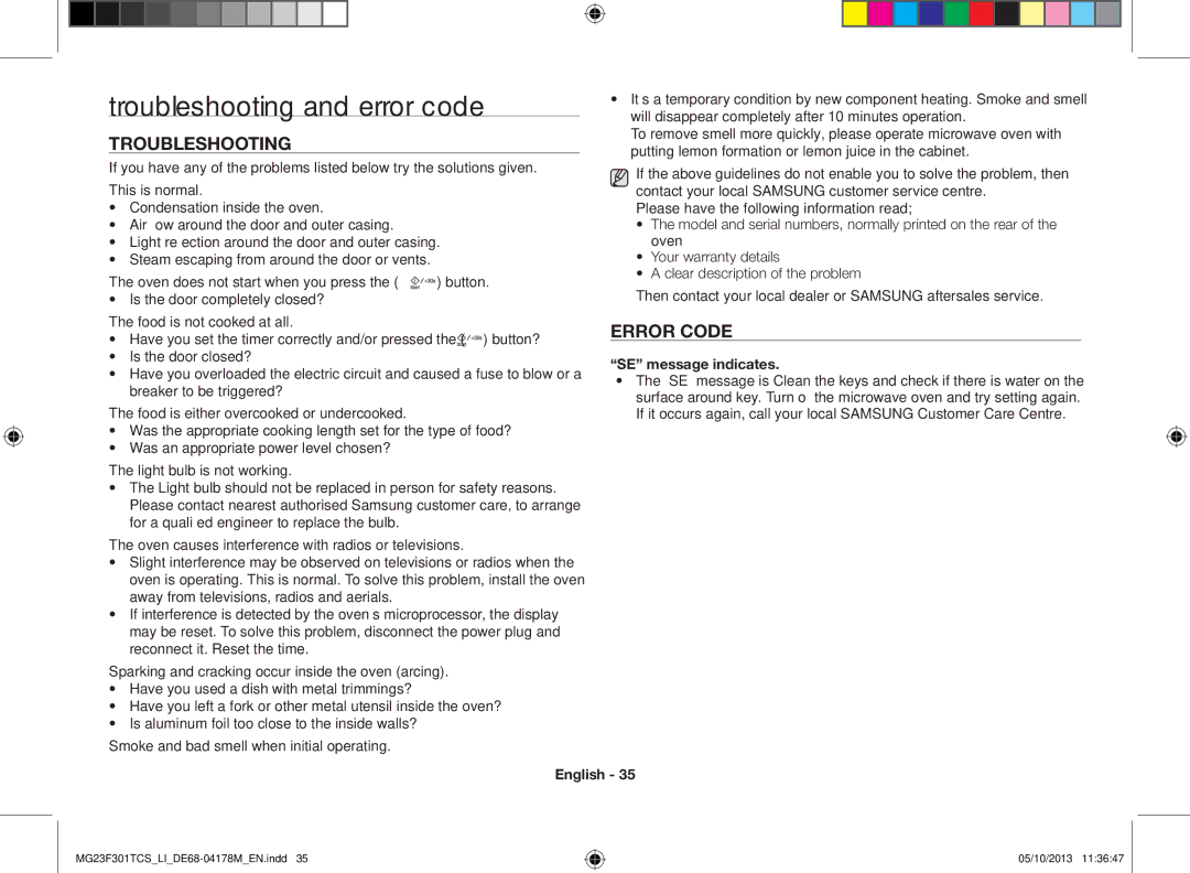 Samsung MG23F301TCS/LI manual Troubleshooting and error code, Error code, SE message indicates 