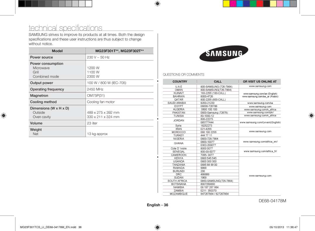 Samsung MG23F301TCS/LI manual Technical specifications, Model MG23F301T**, MG23F302T 