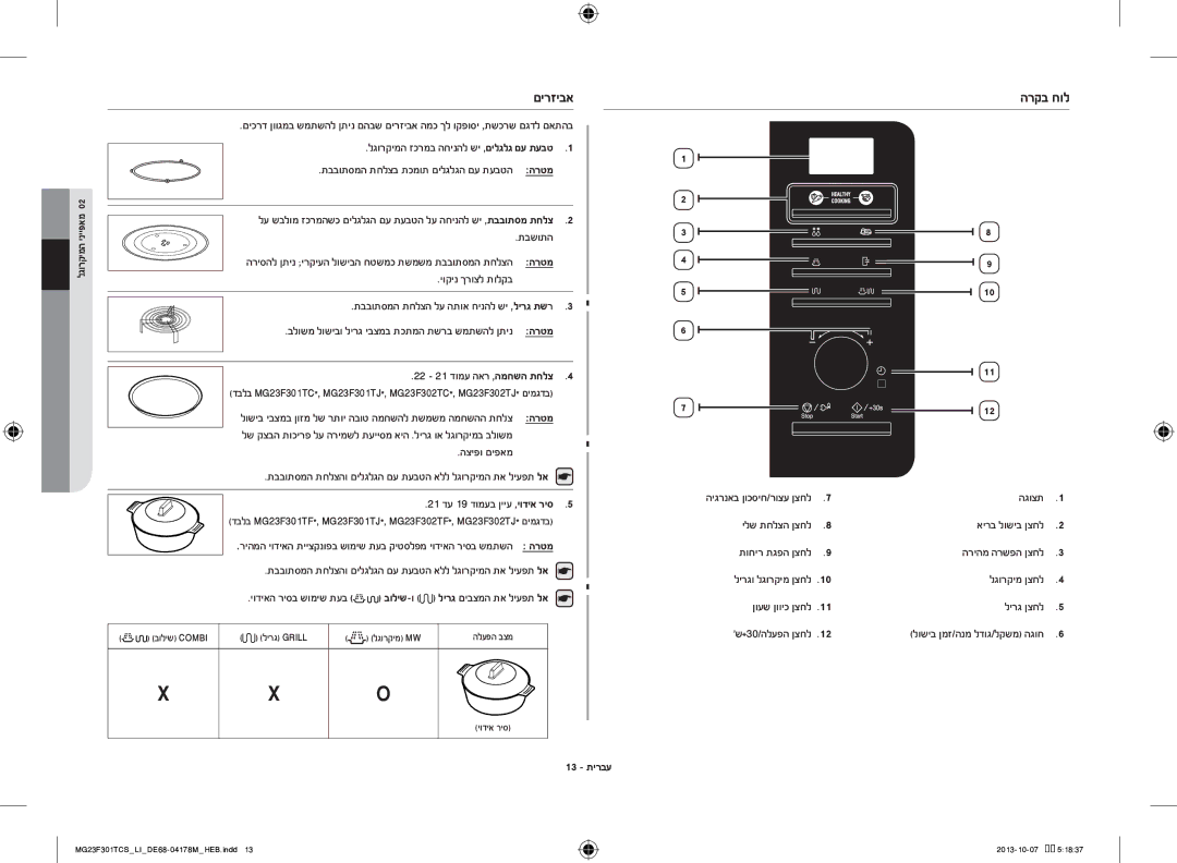 Samsung MG23F301TCS/LI manual םירזיבא, הרקב חול, הציפו םיפאמ, 13 תירבע, לגורקימ ןצחל ןועש ןוויכ ןצחל לירג ןצחל 