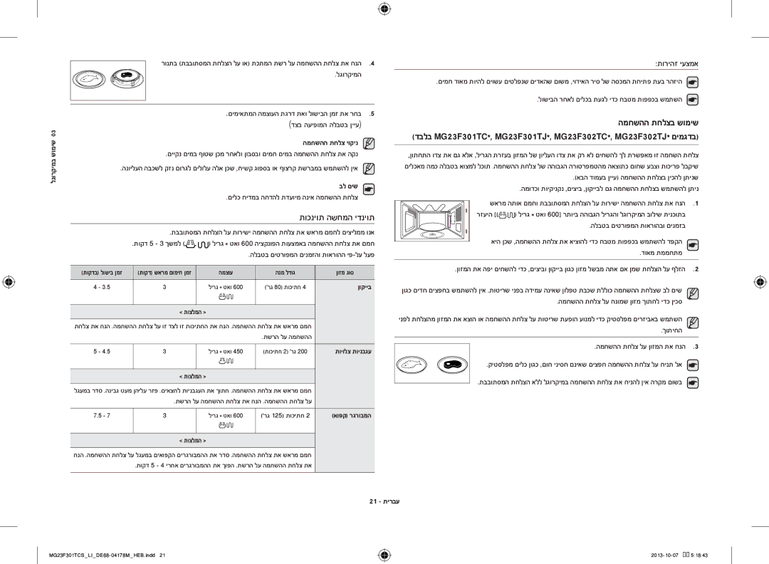 Samsung MG23F301TCS/LI manual המחשהה תחלצב שומיש, תוריהז יעצמא, המחשהה תחלצ יוקינ, 21 תירבע 