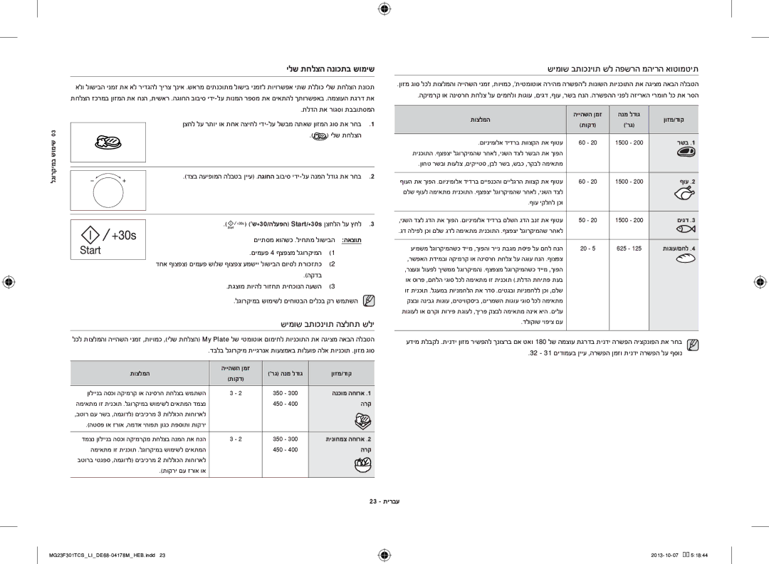 Samsung MG23F301TCS/LI manual לגורקימב שומיש ילש תחלצה הנוכתב שומיש, שימוש בתוכניות הצלחת שלי, 23 תירבע 