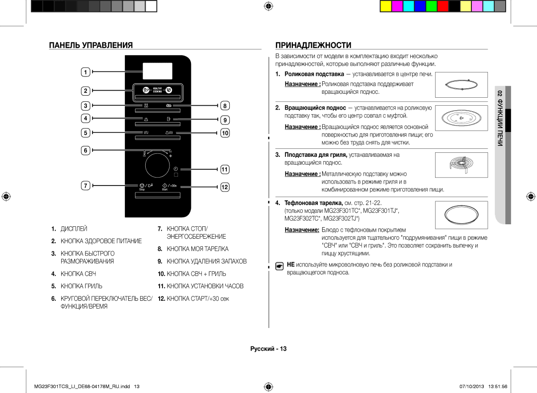 Samsung MG23F301TCS/LI manual Панель управления, Принадлежности, Кнопка СТАРТ/+30 сек 