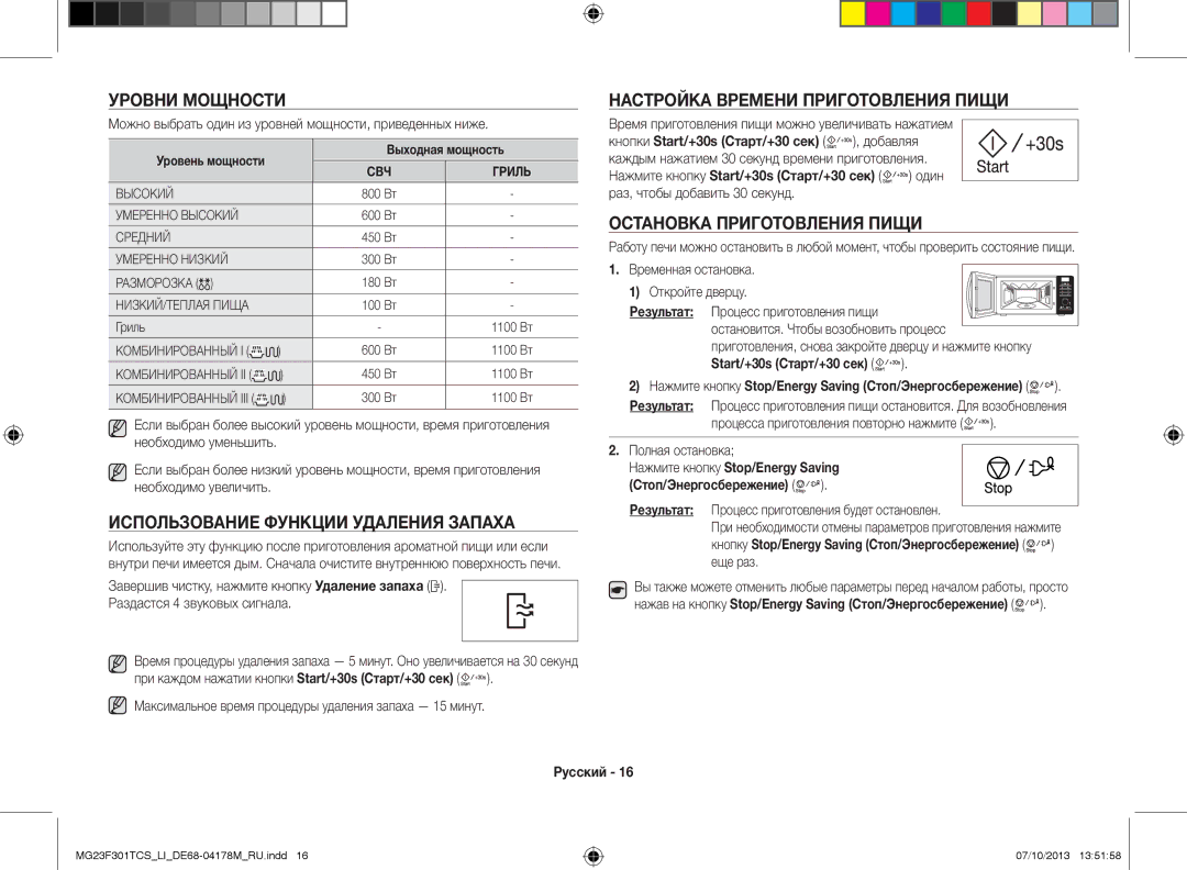 Samsung MG23F301TCS/LI manual Уровни мощности, Использование функции удаления запаха, Настройка времени приготовления пищи 