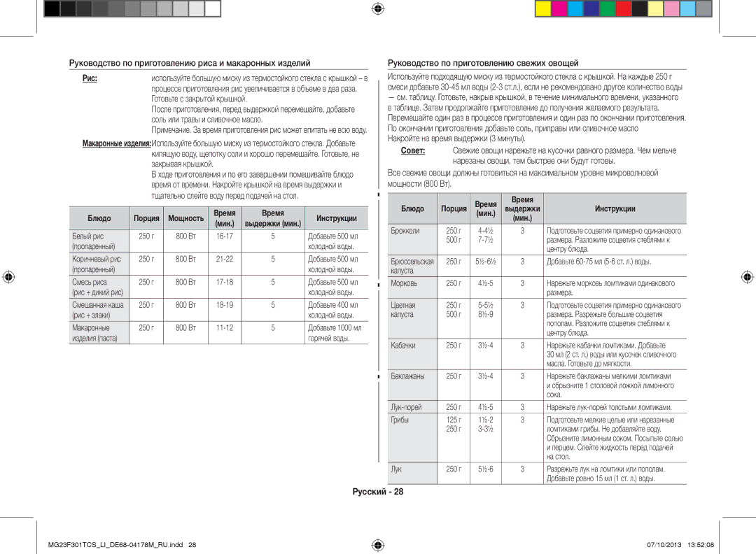 Samsung MG23F301TCS/LI manual Руководство по приготовлению риса и макаронных изделий, Рис, Готовьте с закрытой крышкой 