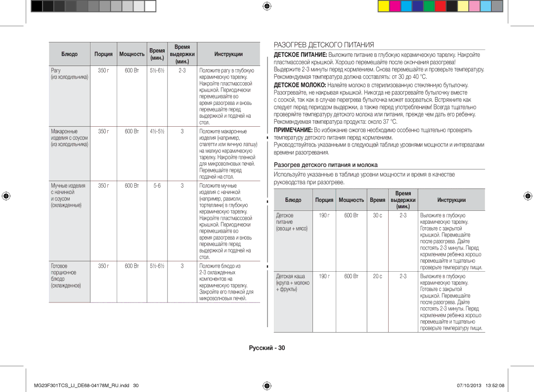 Samsung MG23F301TCS/LI manual Разогрев Детского Питания 